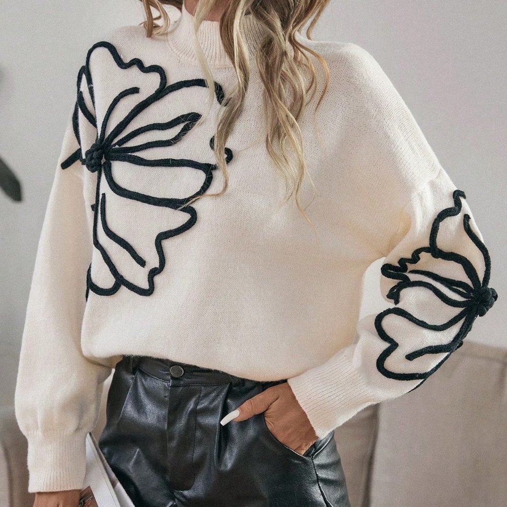 Floral Pattern Drop Shoulder Mock Neck Sweater - Picture 1 of 5
